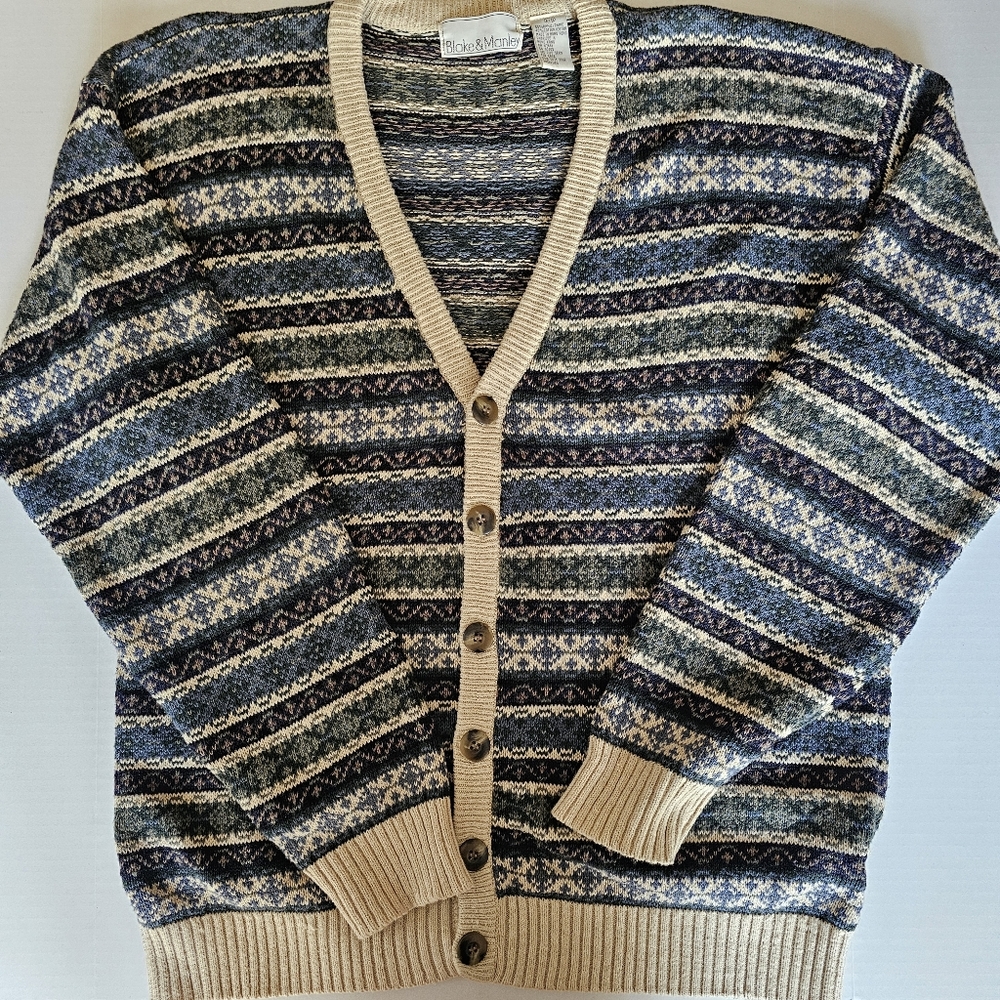 Vtg Blake&Manley Fair Isle Knit Button Front Cardigan Sweater L Eclectic Grandpa - Picture 1 of 9